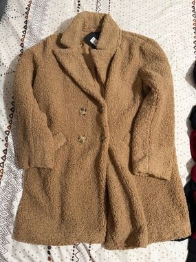 Fashion Nova Camel Teddy Double-Breasted Coat
